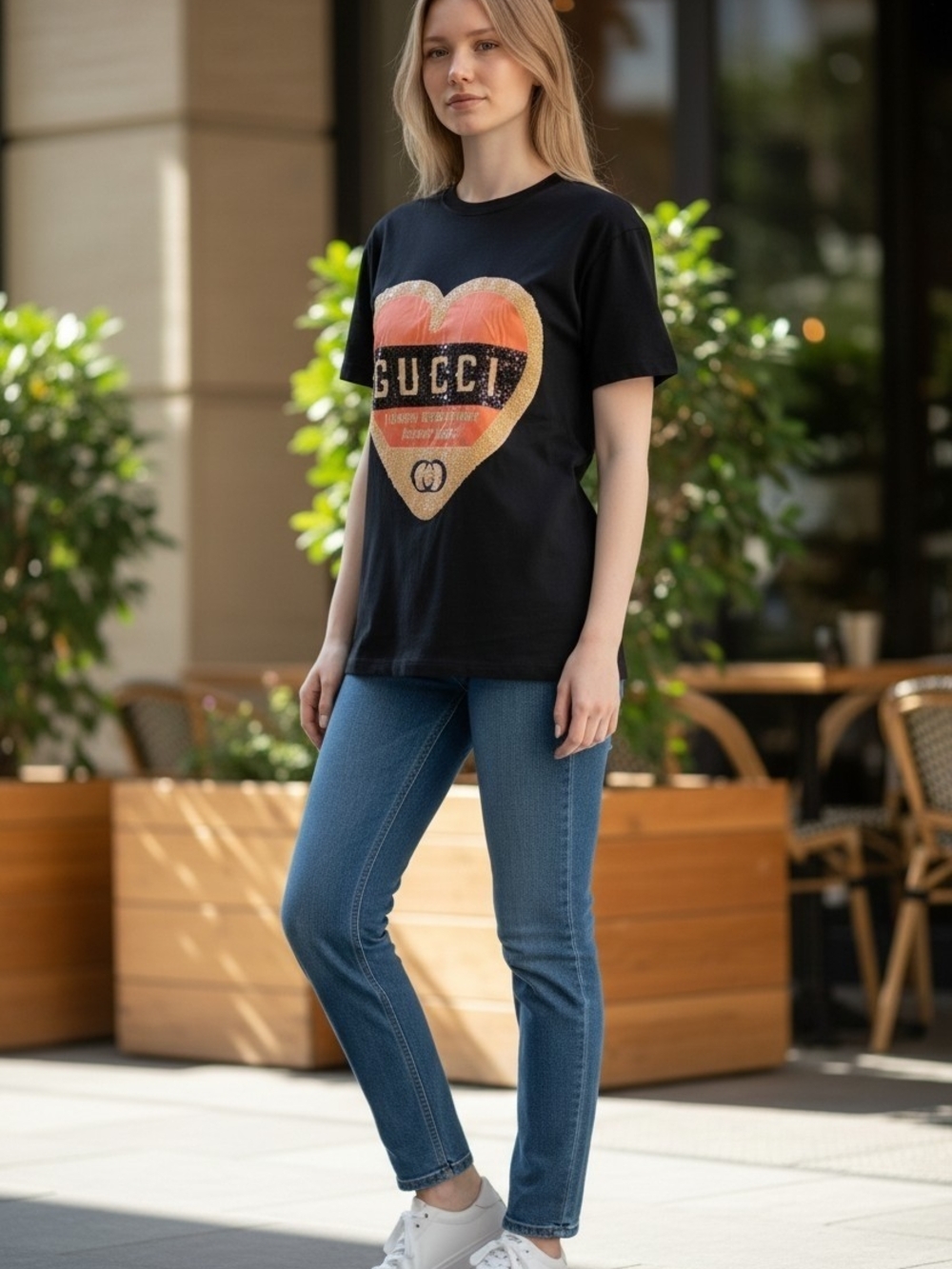 Gucci Black Logo Heart Graphic Tee